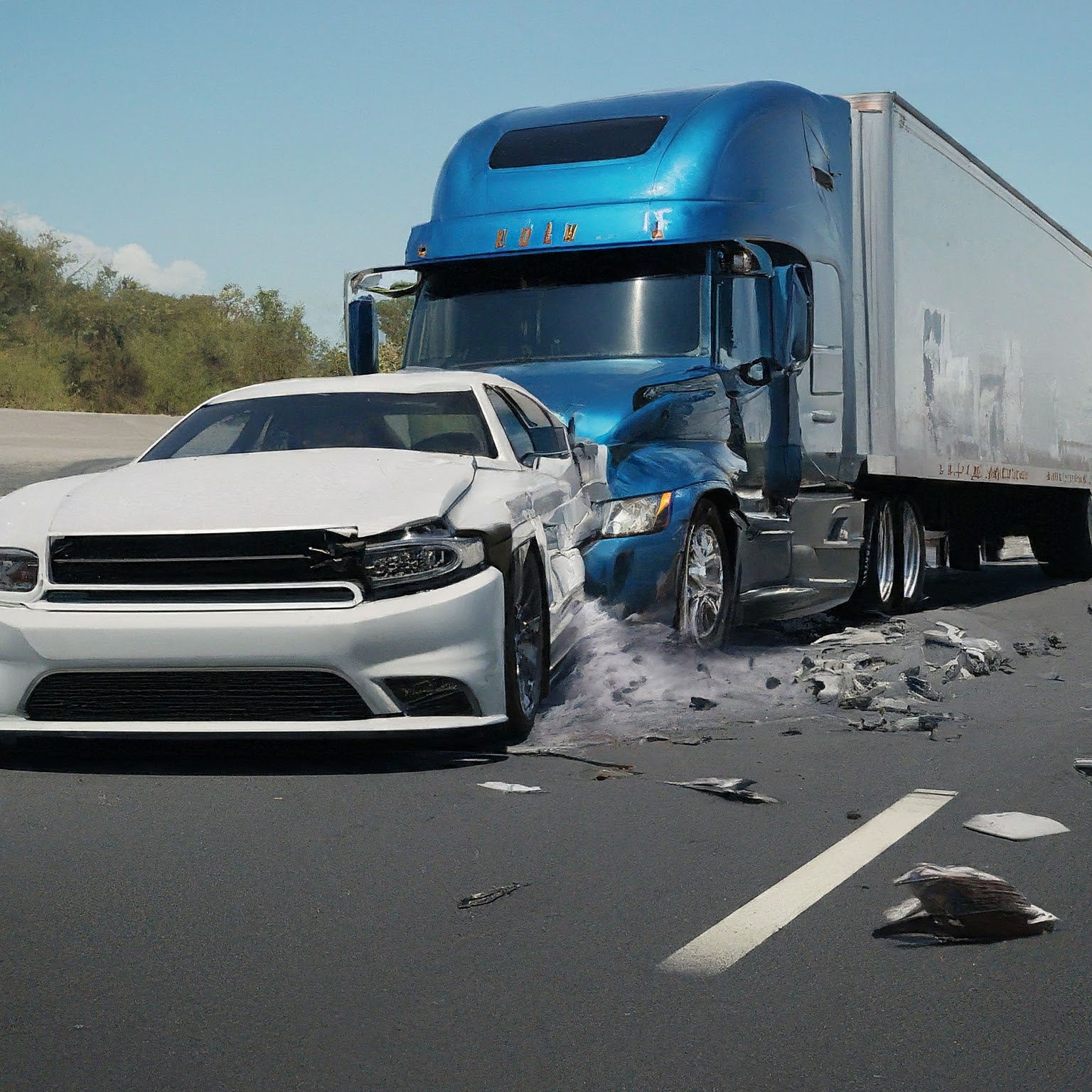 Blue semi truck rear ending a white car