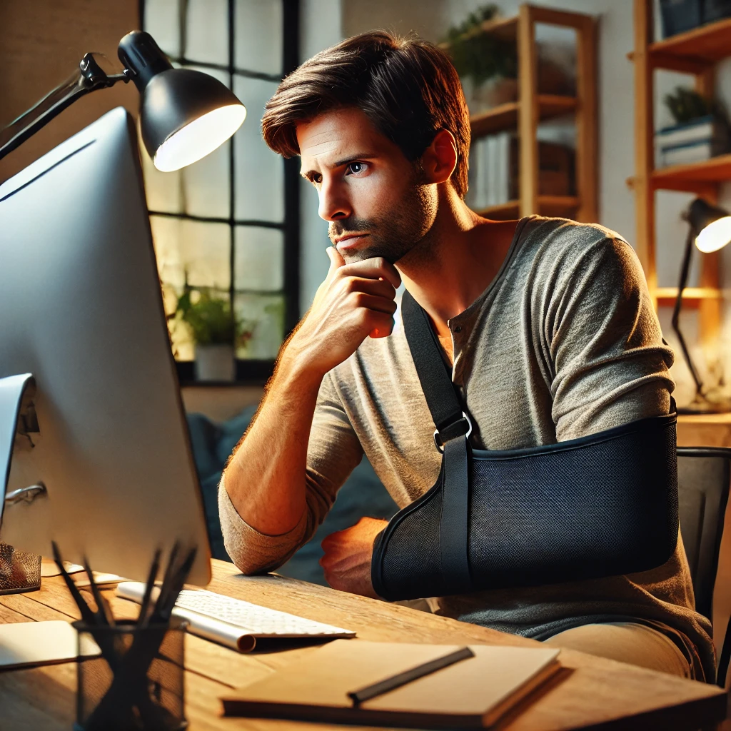 Man in front of computer with arm in sling