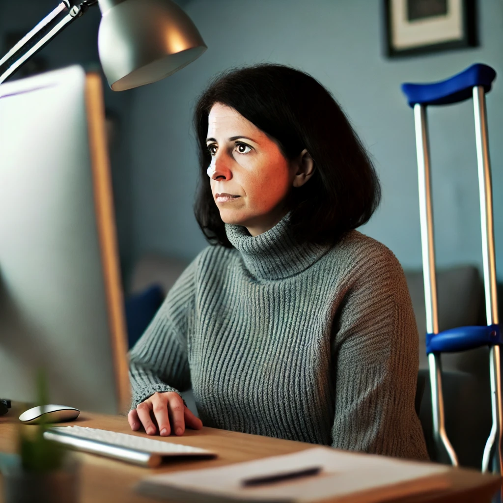 woman at desk with crutches