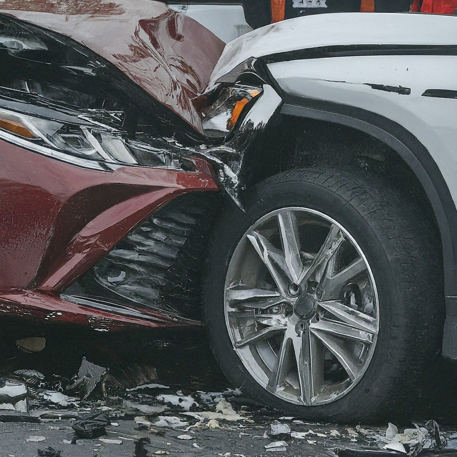 red car crashed head on into a white car