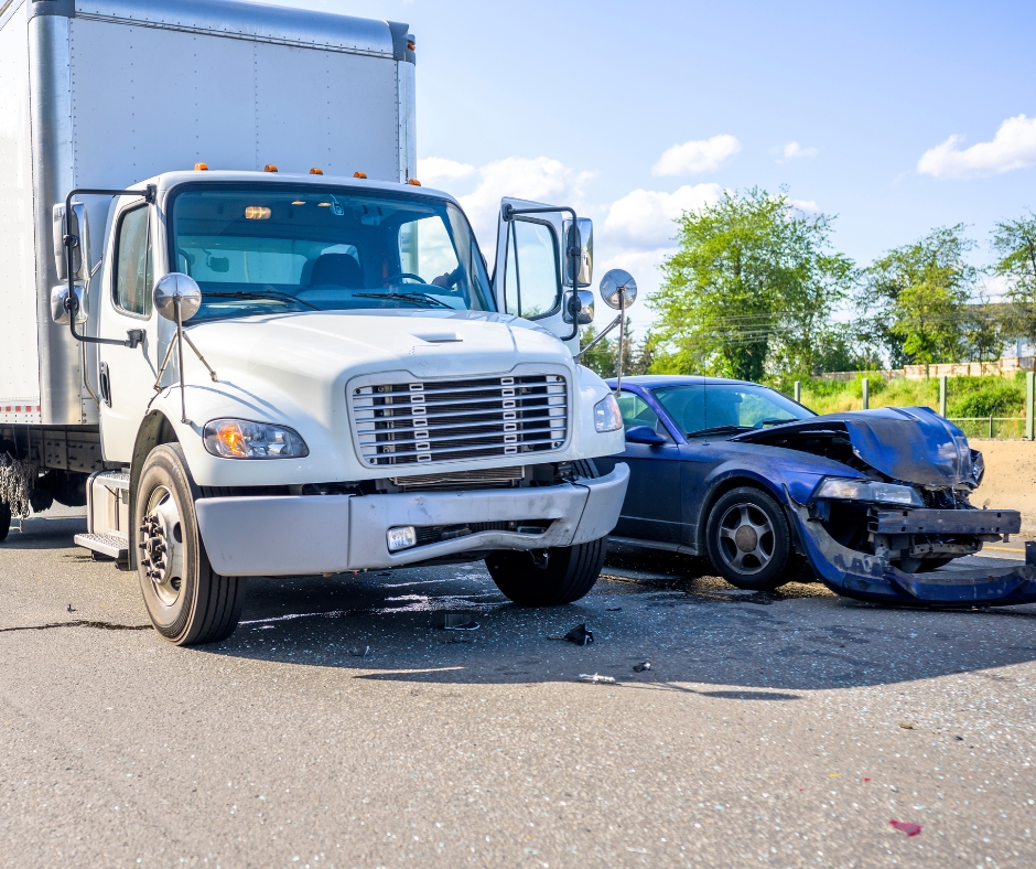 White commercial truck in a crash with a blue car