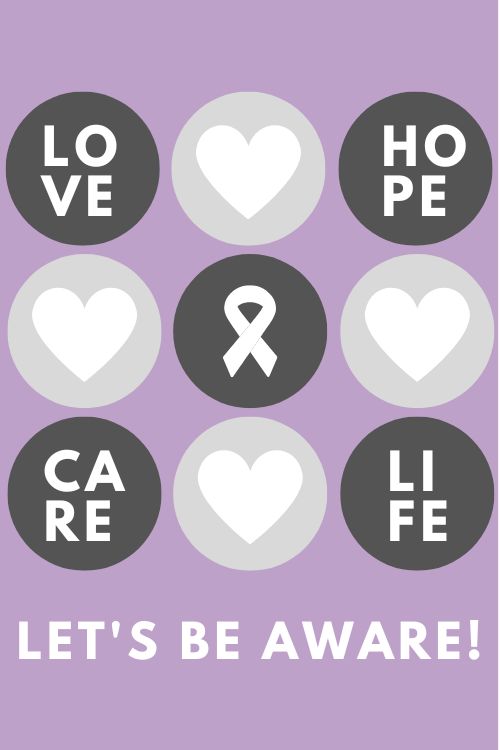 Love, Hope, Care, Life, and Let's Be Aware Written on cute poster for Brain Cancer Awareness Month